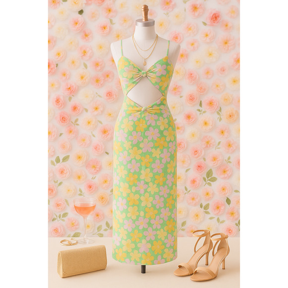Sabo Skirt Cutout Maxi Dress Women's Size 2 – Retro Floral Print, Knot Front - Picture 1 of 7